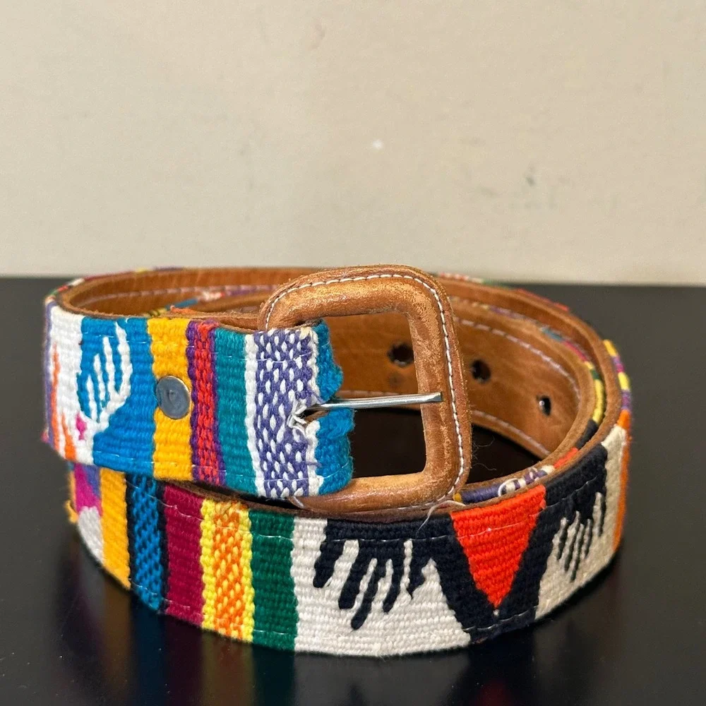 Vintage Artisan Woven Leather Belt Colorful Southwestern  Size 34 (74in)